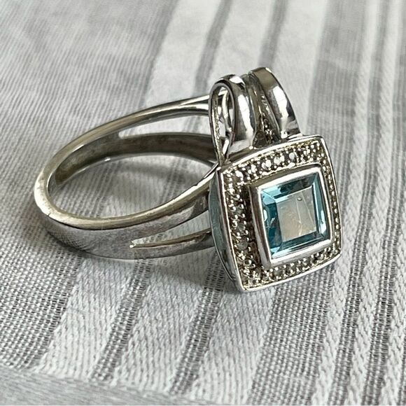 P*M .925 Sterling Silver Cushion Cut Blue Topaz Diamond Halo Ring Pendant Set - Picture 7 of 16